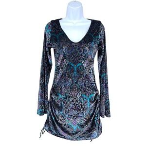 Warrior Within Designs Paisley Burnout Velvet Ruched Mini Dress Teal Purple L